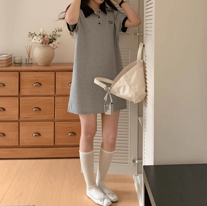 骨格ストレートカラーブロックポロシャツワンピース