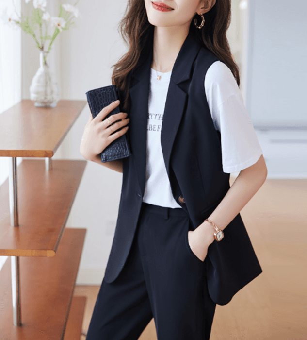 骨格ストレートジレ+パンツセットアップスーツ