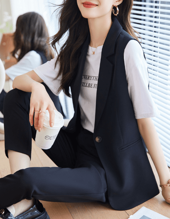 骨格ストレートジレ+パンツセットアップスーツ
