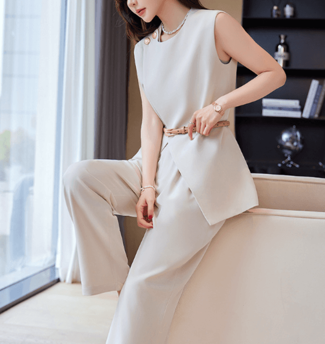 骨格ストレートノースリーブトップス+パンツセットアップ