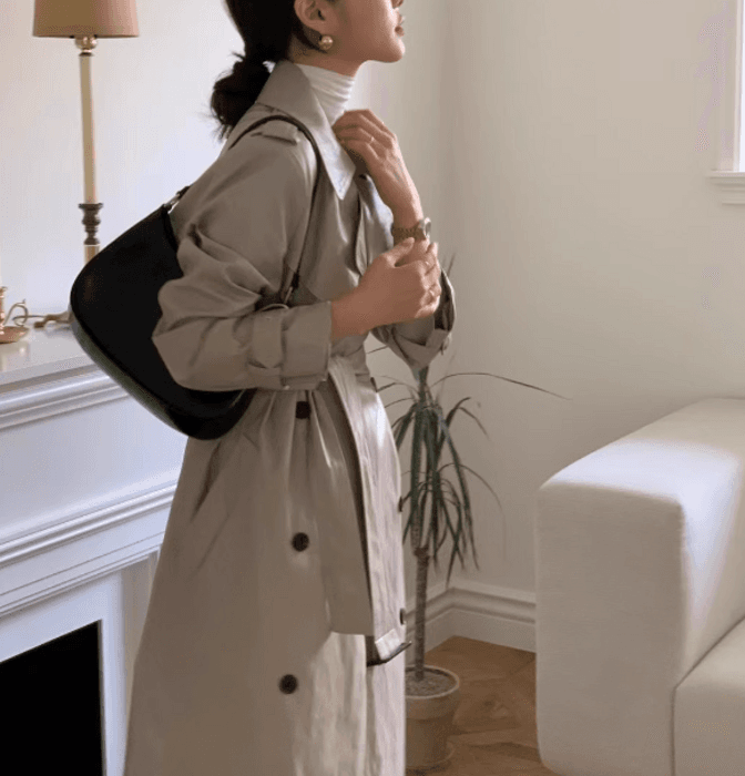 骨格ストレートダブルブレストロングトレンチコート