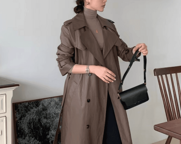 骨格ストレートダブルブレストロングトレンチコート