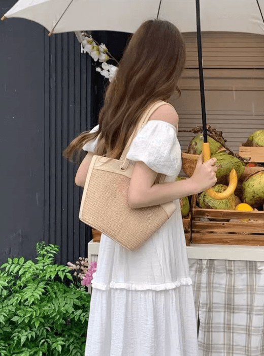 骨格ストレートランタン配色カゴバッグ