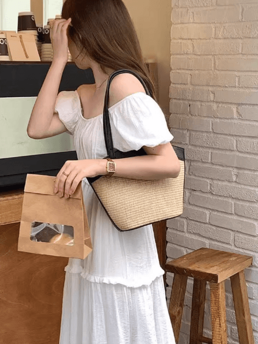 骨格ストレートランタン配色カゴバッグ