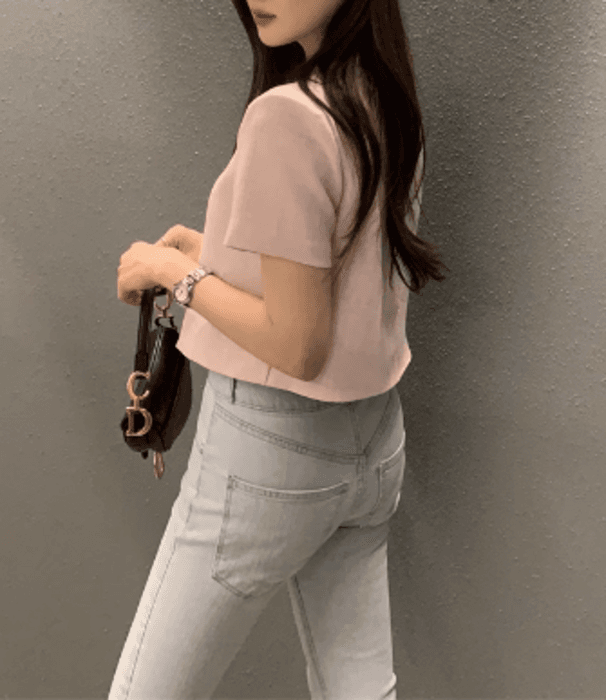 骨格ストレートスクエアネック半袖トップス