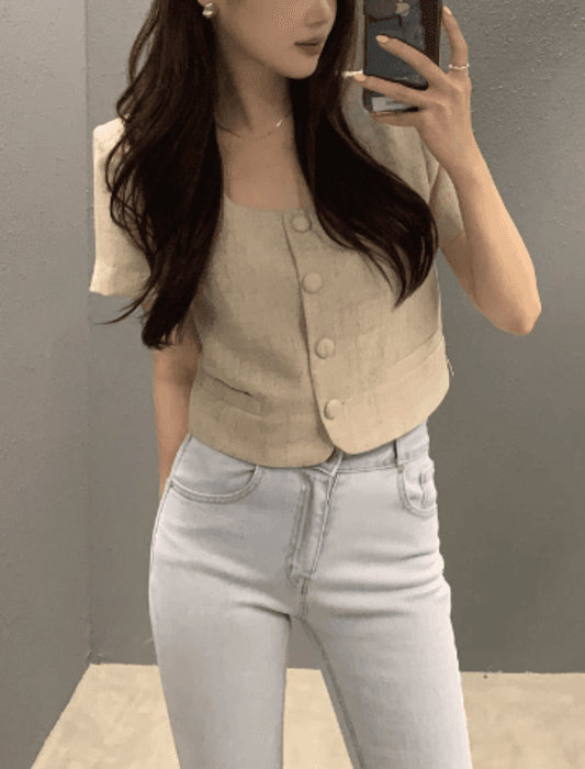骨格ストレートスクエアネック半袖トップス