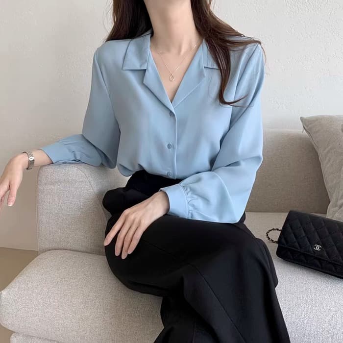 骨格ストレートカラーシャツVネックトップス