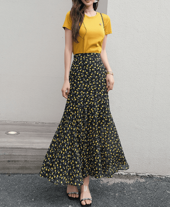 骨格ストレート花柄スリムフレアロングスカート