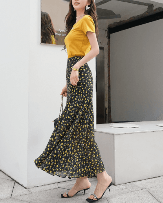 骨格ストレート花柄スリムフレアロングスカート