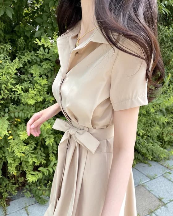 骨格ストレートシャツカラーウエストマークロングワンピース