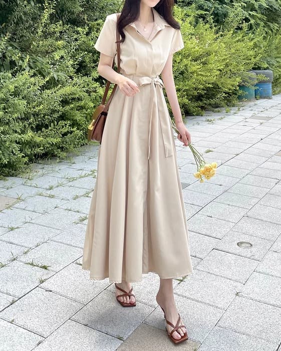 骨格ストレートシャツカラーウエストマークロングワンピース