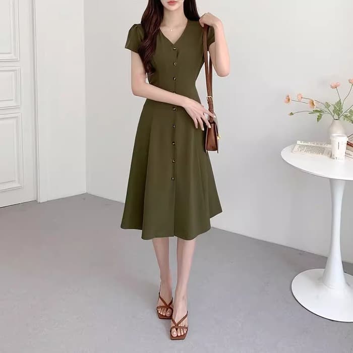 骨格ストレートVネックフロントリボンワンピース
