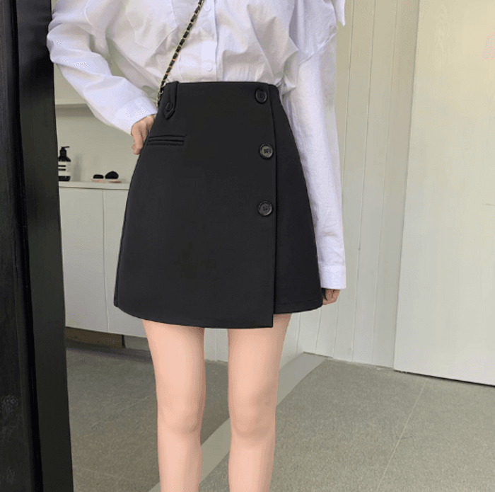 骨格ストレートサイドボタン台形ミニ丈スカート