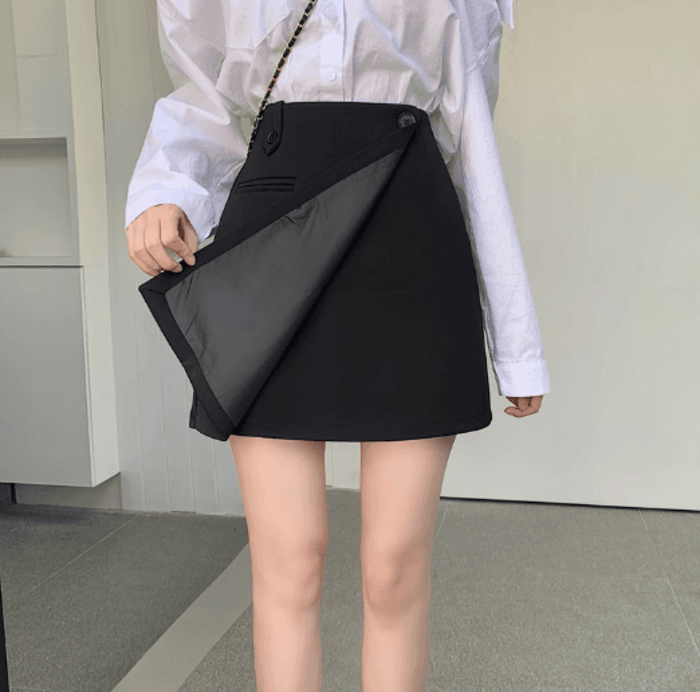 骨格ストレートサイドボタン台形ミニ丈スカート
