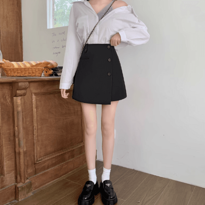 骨格ストレートサイドボタン台形ミニ丈スカート