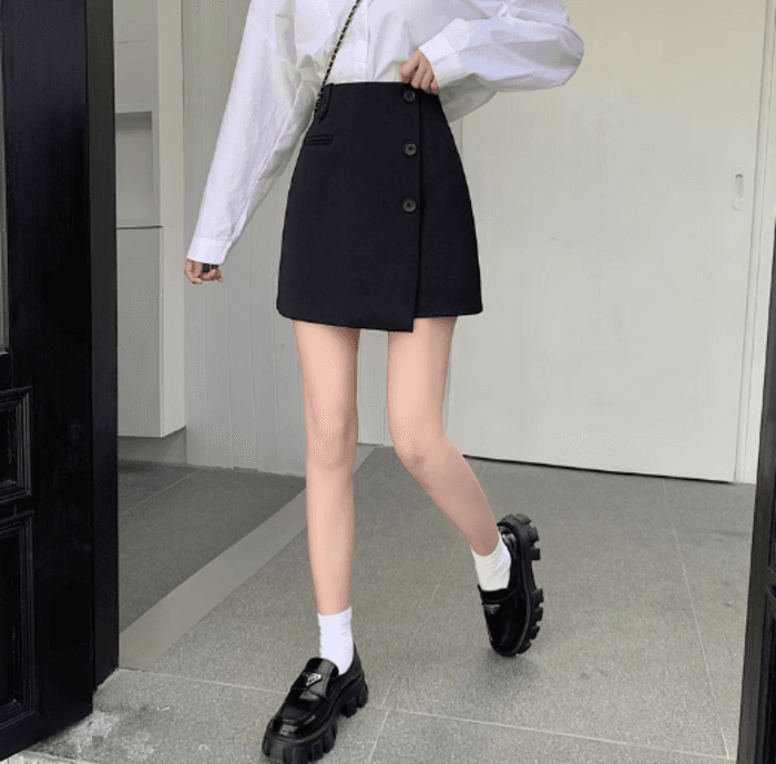 骨格ストレートサイドボタン台形ミニ丈スカート
