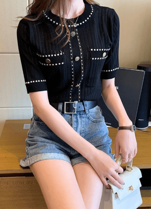 骨格ストレートデザインボタンニットトップス