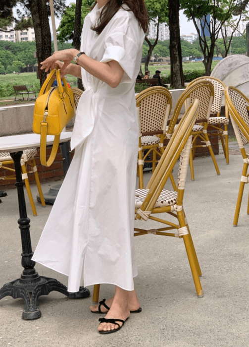 骨格ストレートウエストタイロングシャツワンピース