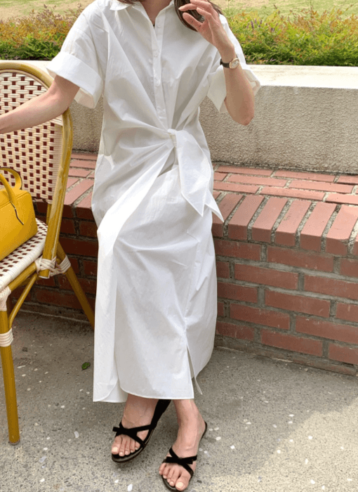 骨格ストレートウエストタイロングシャツワンピース