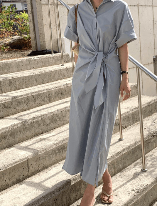 骨格ストレートウエストタイロングシャツワンピース