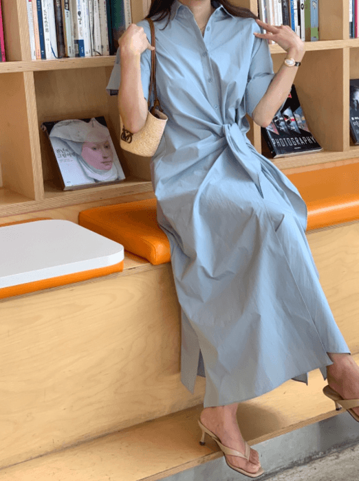 骨格ストレートウエストタイロングシャツワンピース