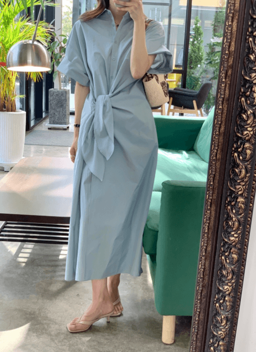 骨格ストレートウエストタイロングシャツワンピース