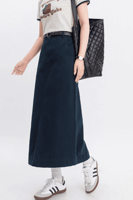 骨格ストレートバックスリットロングデニムスカート