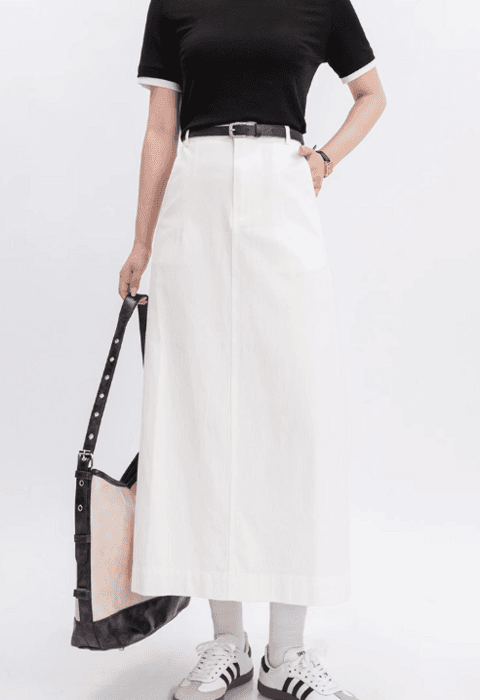 骨格ストレートバックスリットロングデニムスカート