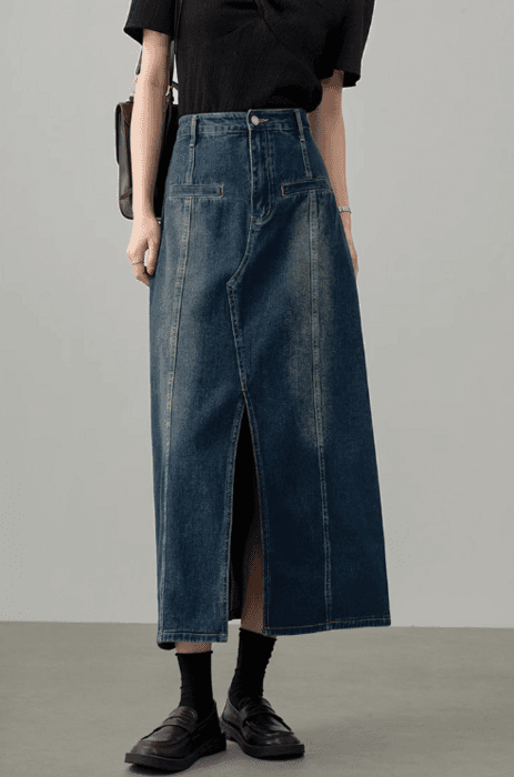 骨格ストレートフロントスリットロングデニムスカート