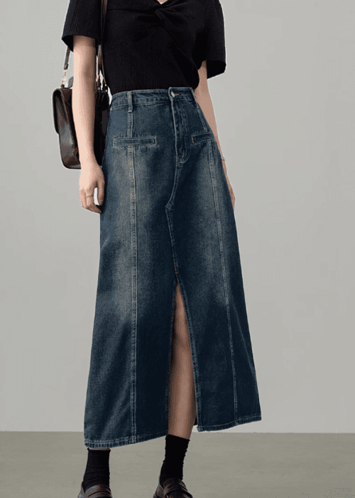 骨格ストレートフロントスリットロングデニムスカート