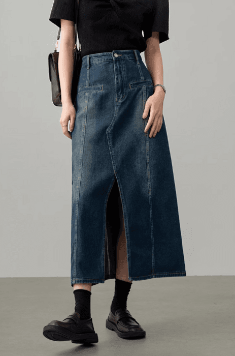 骨格ストレートフロントスリットロングデニムスカート