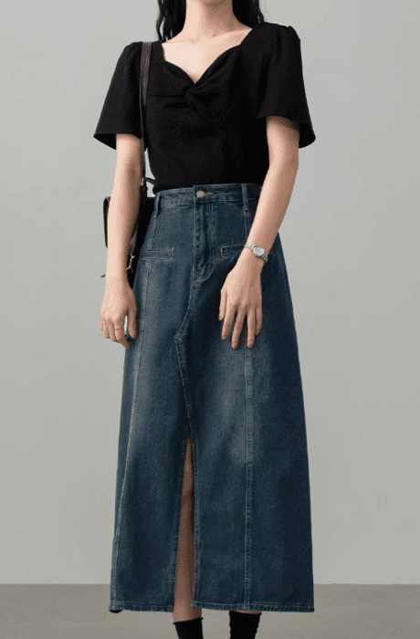 骨格ストレートフロントスリットロングデニムスカート