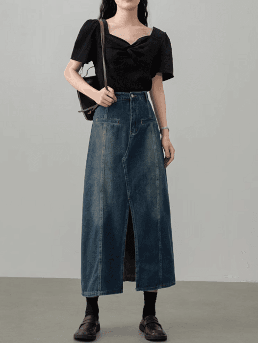 骨格ストレートフロントスリットロングデニムスカート