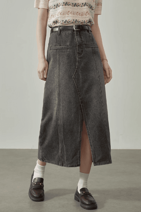 骨格ストレートフロントスリットロングデニムスカート