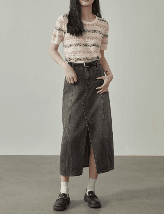 骨格ストレートフロントスリットロングデニムスカート