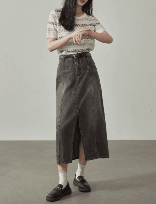 骨格ストレートフロントスリットロングデニムスカート