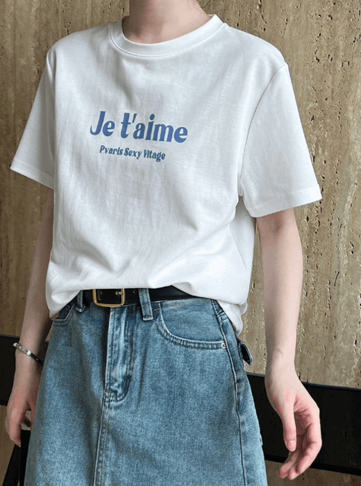 骨格ストレートJe t'aimeプリントTシャツトップス