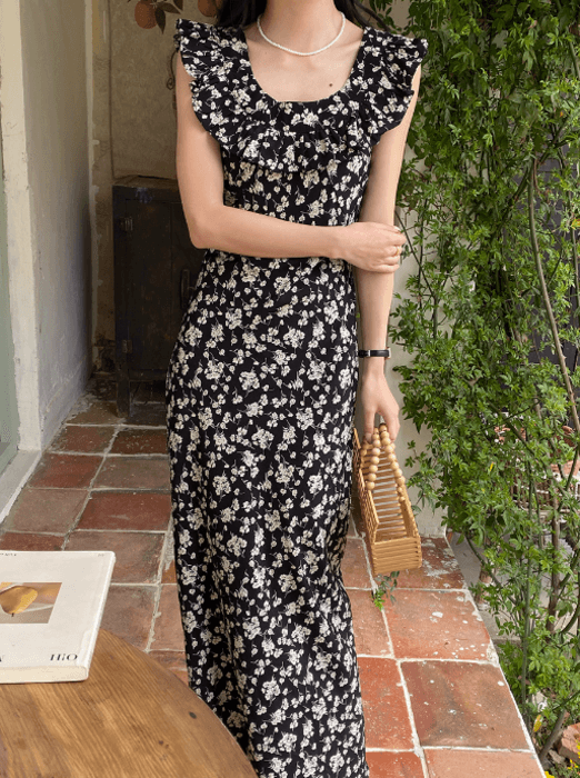 骨格ストレートUネック花柄ストレートロングワンピース