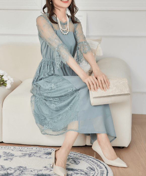 骨格ストレートウエストタックレースロングドレス