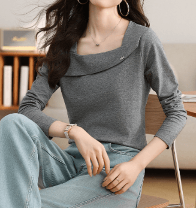 骨格ストレートアシンメトリーボートネックトップス