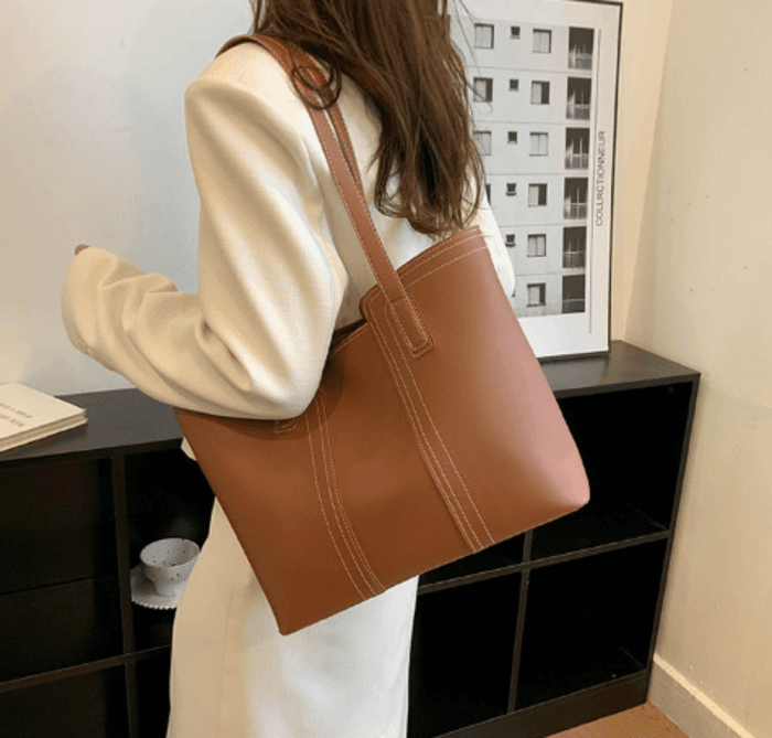 骨格ストレートPUレザーステッチトートバッグ