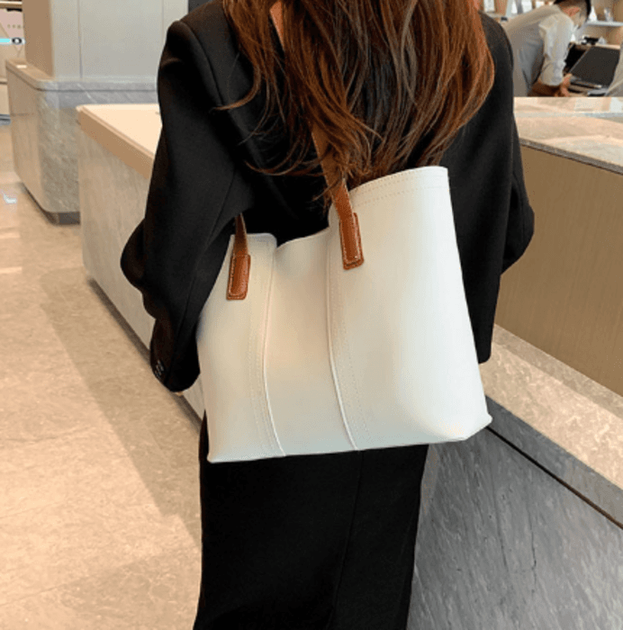 骨格ストレートPUレザーステッチトートバッグ