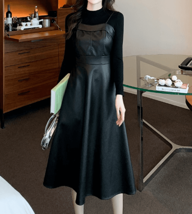 骨格ストレートフェイクレザーキャミワンピース+長袖ニットセットアップ