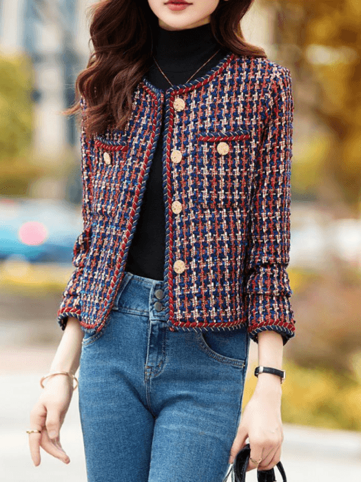 骨格ストレートノーカラーツイードジャケット