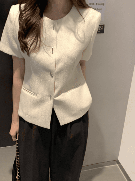 骨格ストレートフレンチツイード半袖トップス