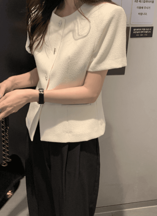 骨格ストレートフレンチツイード半袖トップス