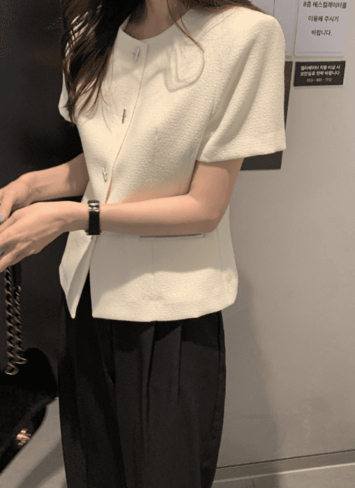骨格ストレートフレンチツイード半袖トップス