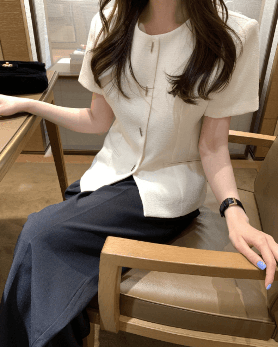 骨格ストレートフレンチツイード半袖トップス
