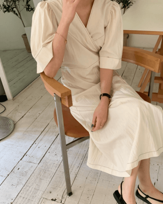骨格ストレートカシュクールロングワンピース