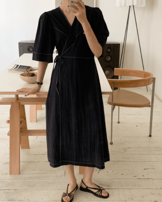 骨格ストレートカシュクールロングワンピース